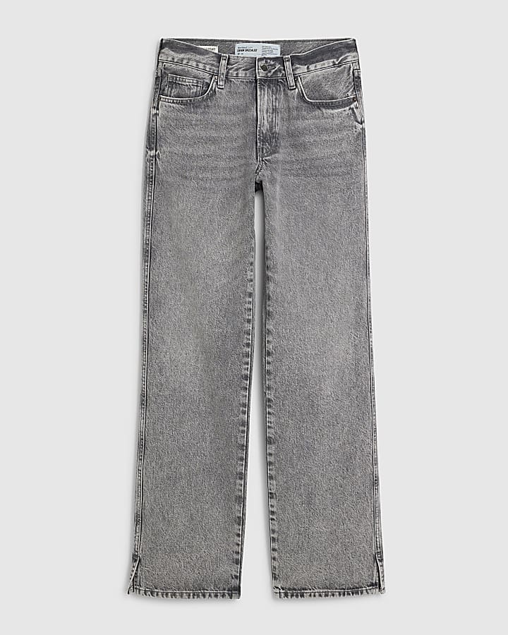 Grey Split Hem Straight Leg Jeans