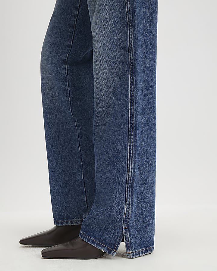 Blue Split Hem Straight Leg Jeans