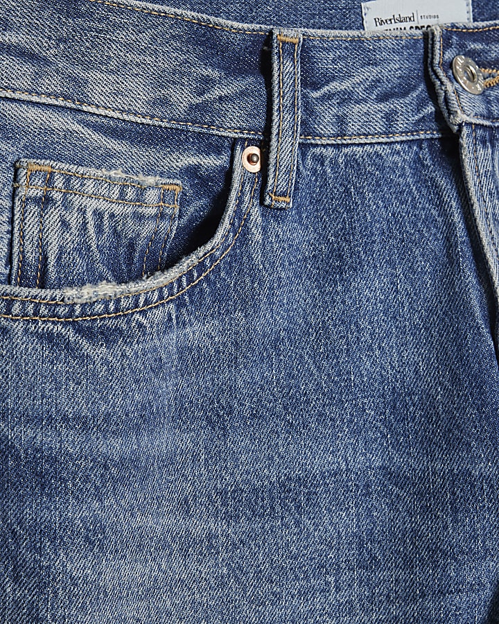 Blue Split Hem Straight Leg Jeans