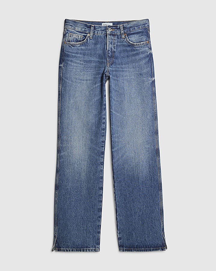Blue Split Hem Straight Leg Jeans