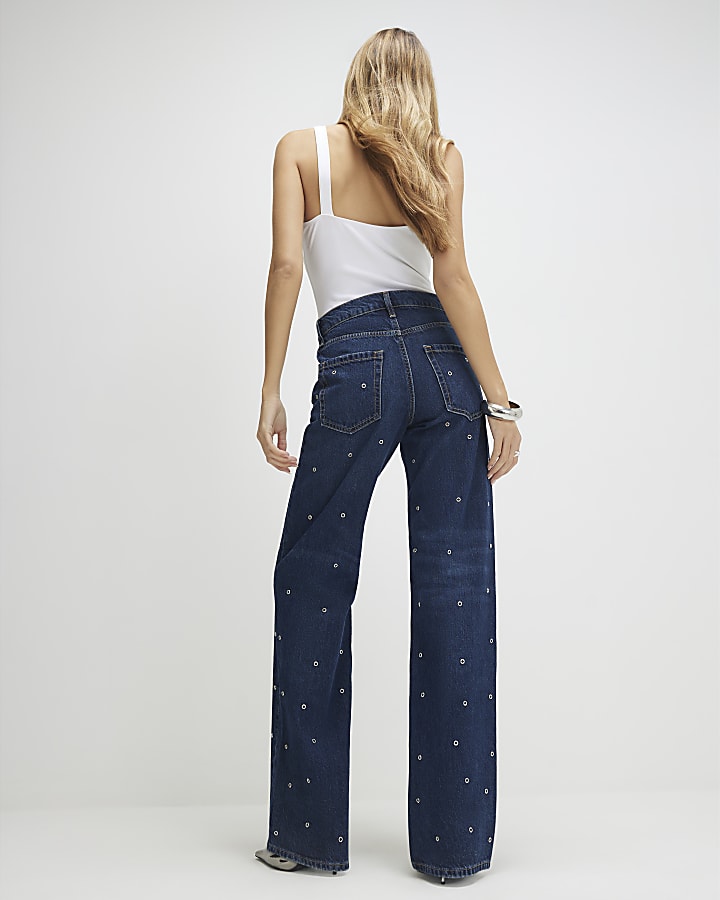 Blue Relaxed Straight Eyelet Jeans
