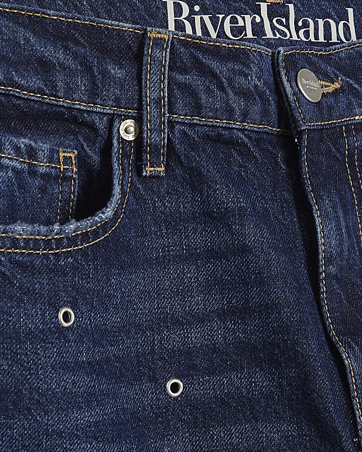 Blue Relaxed Straight Eyelet Jeans