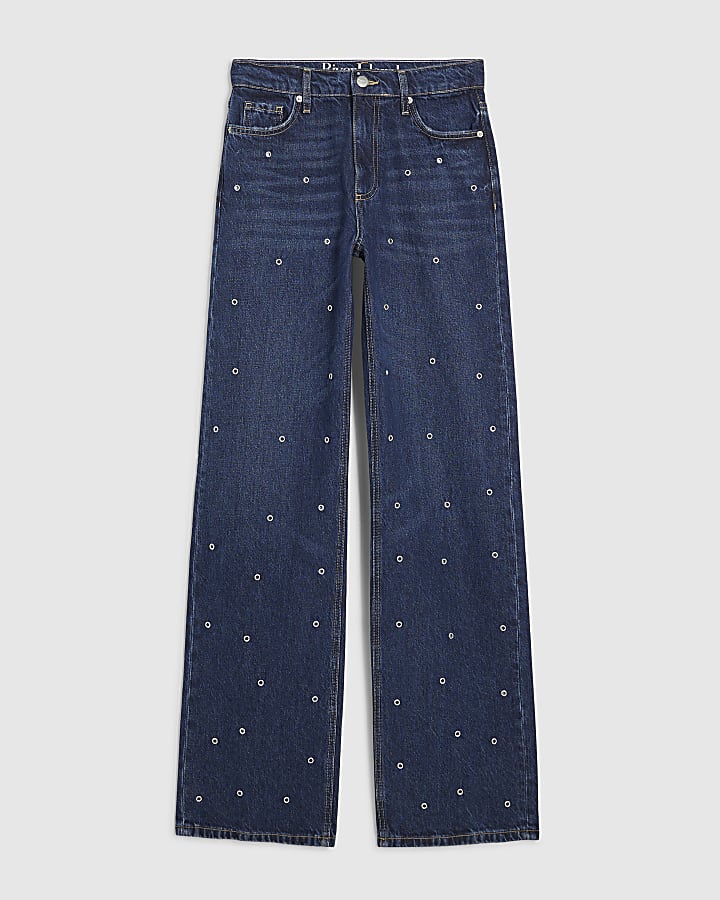 Blue Relaxed Straight Eyelet Jeans