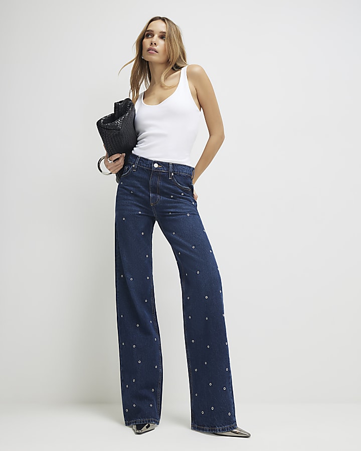Blue Relaxed Straight Eyelet Jeans