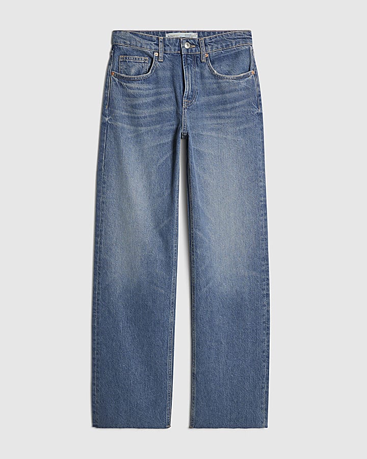 Blue Raw Hem Wide Leg Jeans