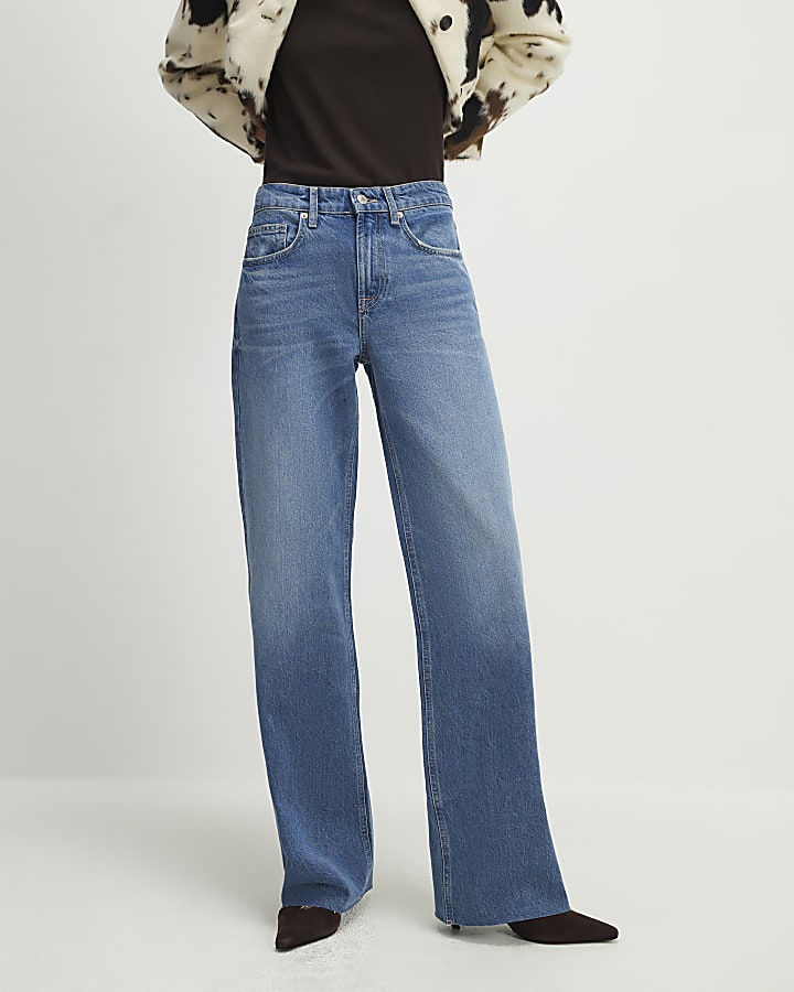 Blue Raw Hem Wide Leg Jeans