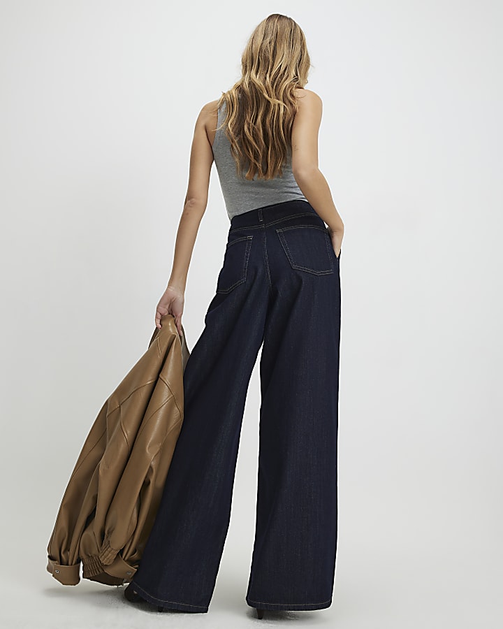 Blue Raw Waistband Wide Leg Jeans