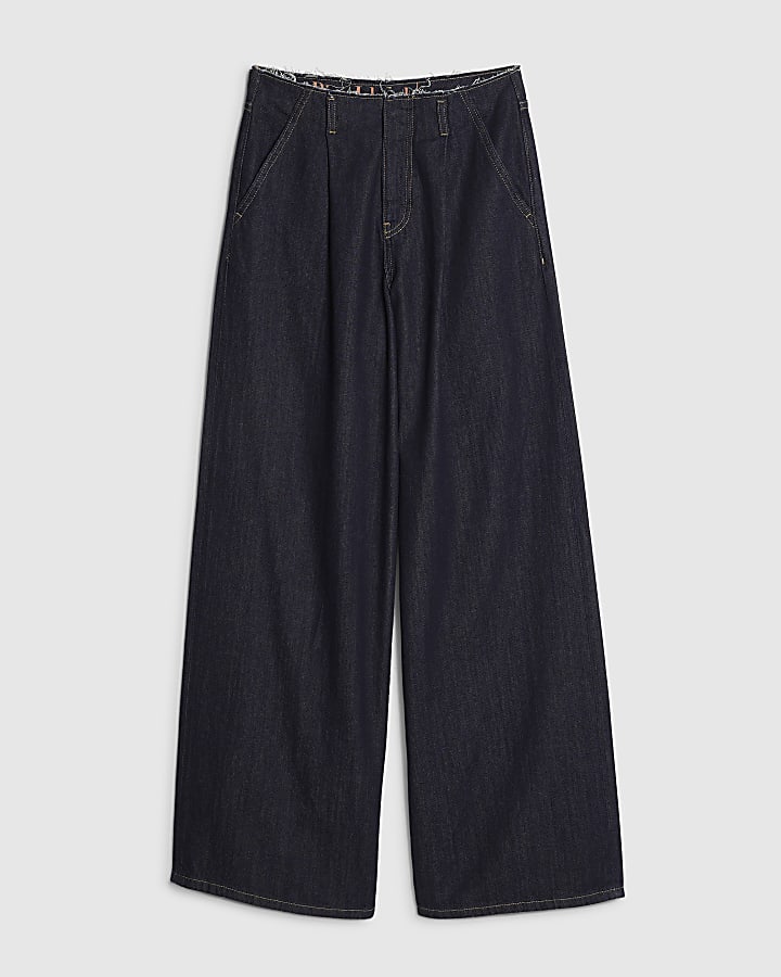 Blue Raw Waistband Wide Leg Jeans