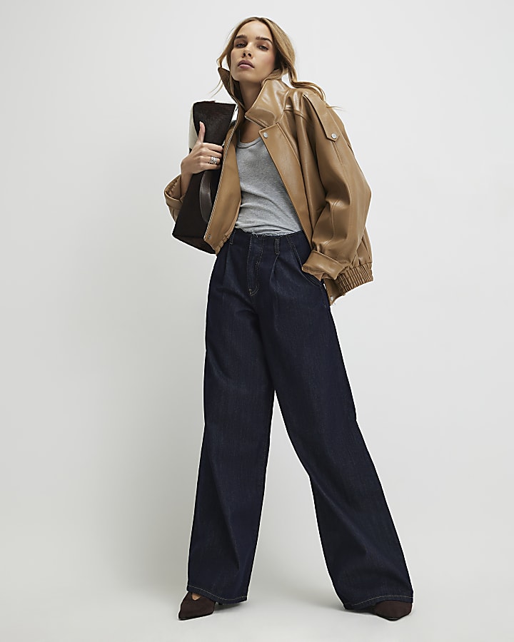 Blue Raw Waistband Wide Leg Jeans