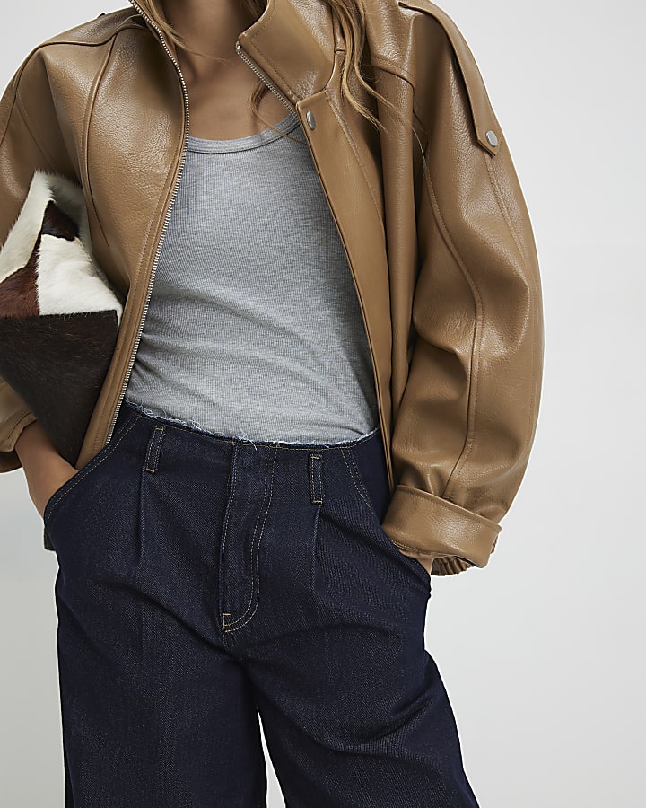 Blue Raw Waistband Wide Leg Jeans