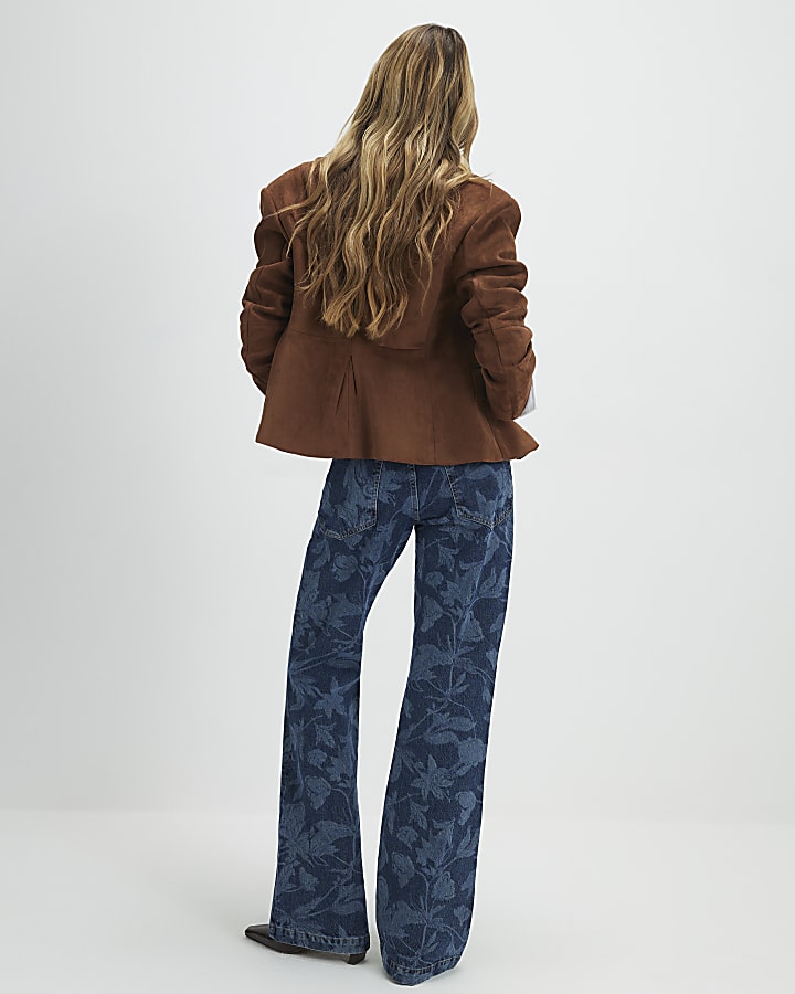 Blue Mid Rise Floral Bootcut Jeans