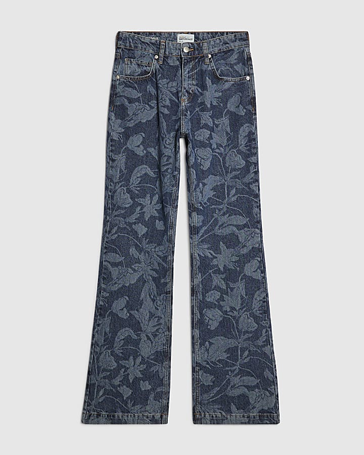 Blue Mid Rise Floral Bootcut Jeans