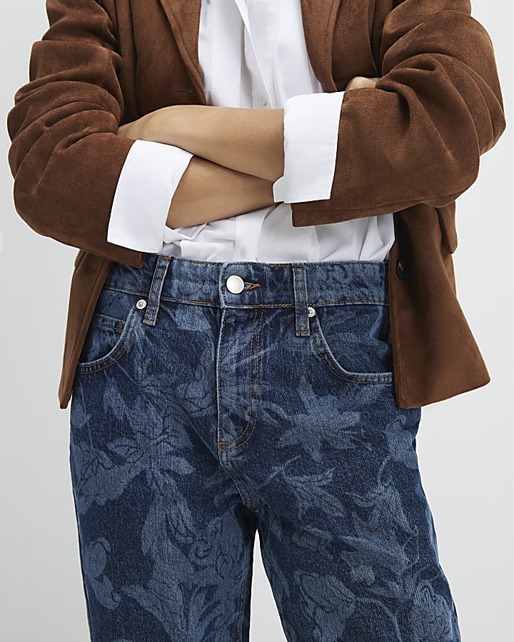 Blue Mid Rise Floral Bootcut Jeans