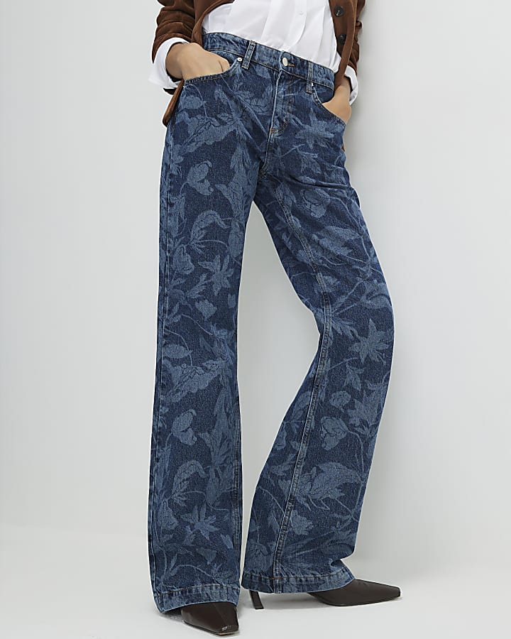 Blue Mid Rise Floral Bootcut Jeans