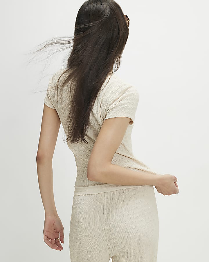 Beige Textured Fitted T-Shirt