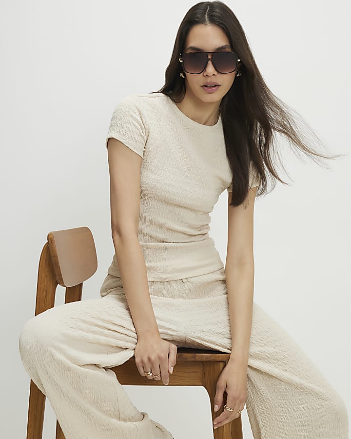 Beige Textured Fitted T-Shirt