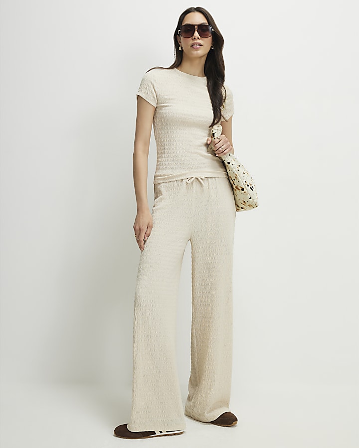 Beige Textured Fitted T-Shirt