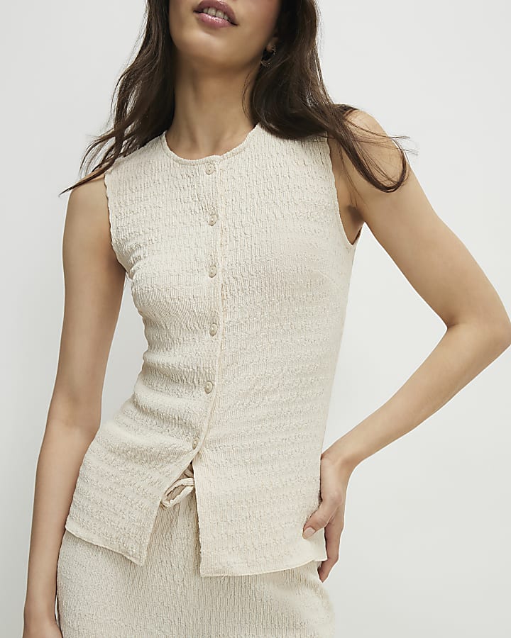 Beige Sleeveless Textured Button Through Top