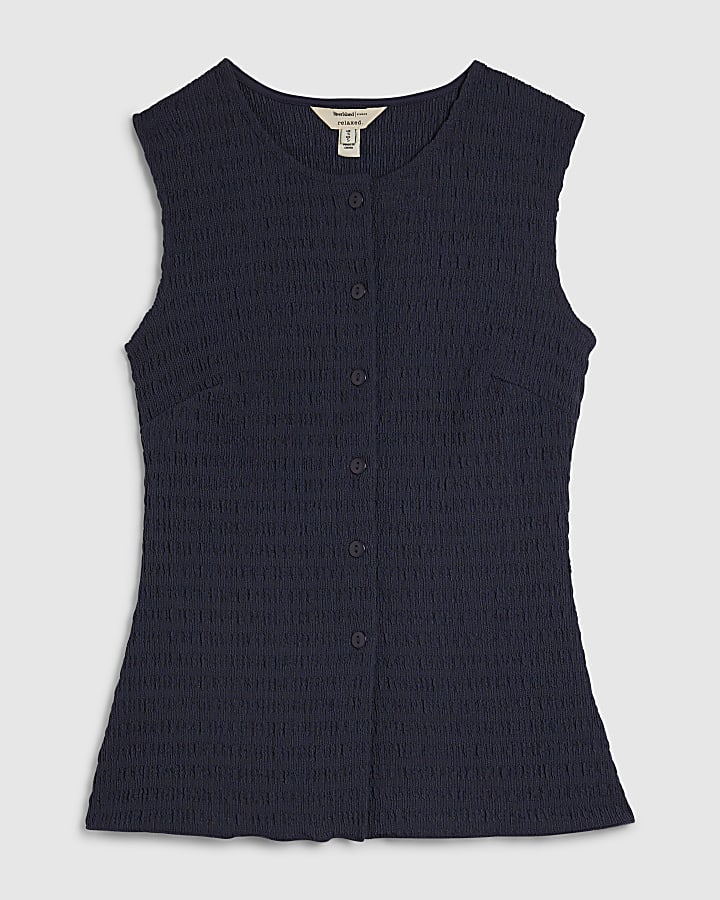 Navy Sleeveless Textured Button Through Top