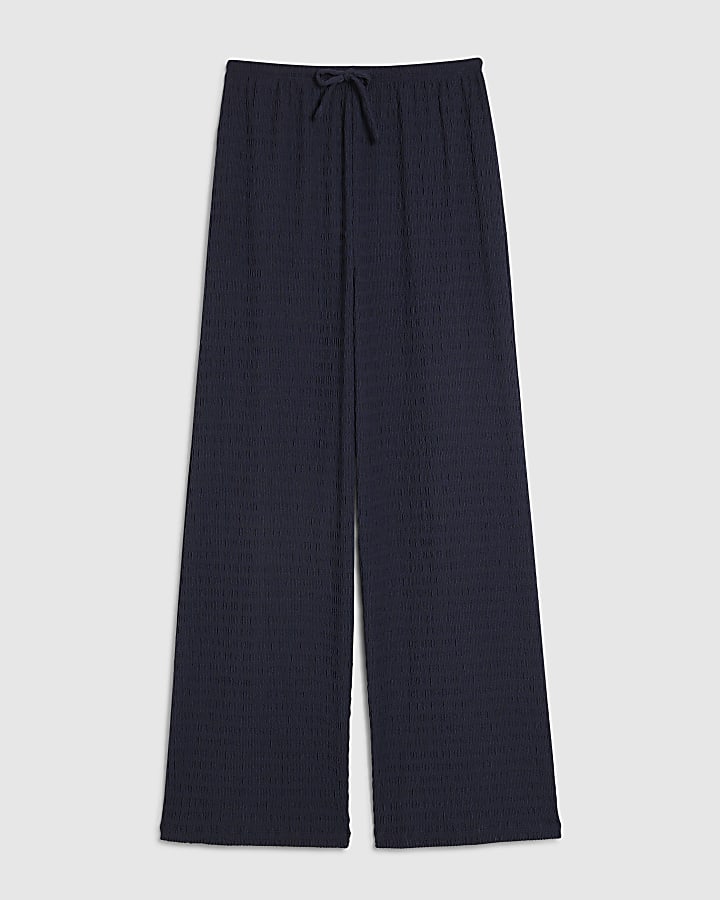 Navy Textured Wide Leg Trousers