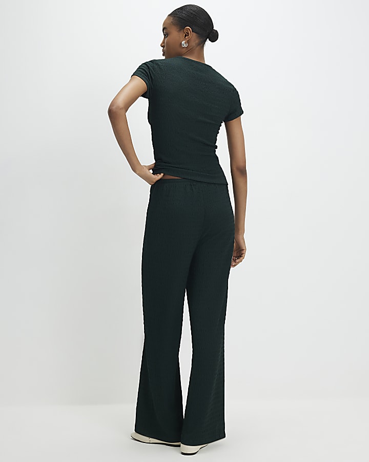 Green Textured Wide Leg Trousers