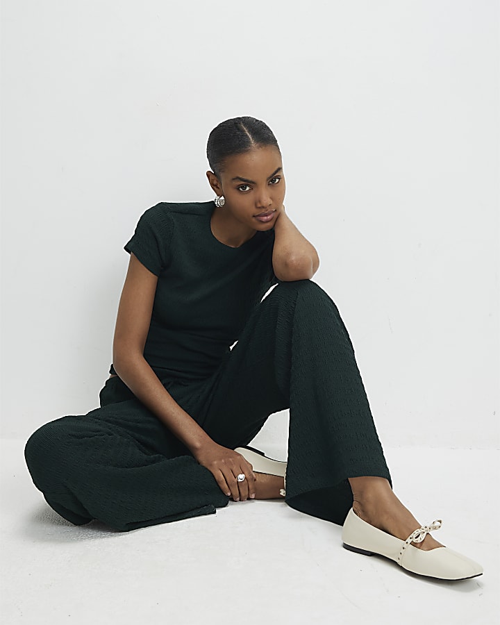 Green Textured Wide Leg Trousers