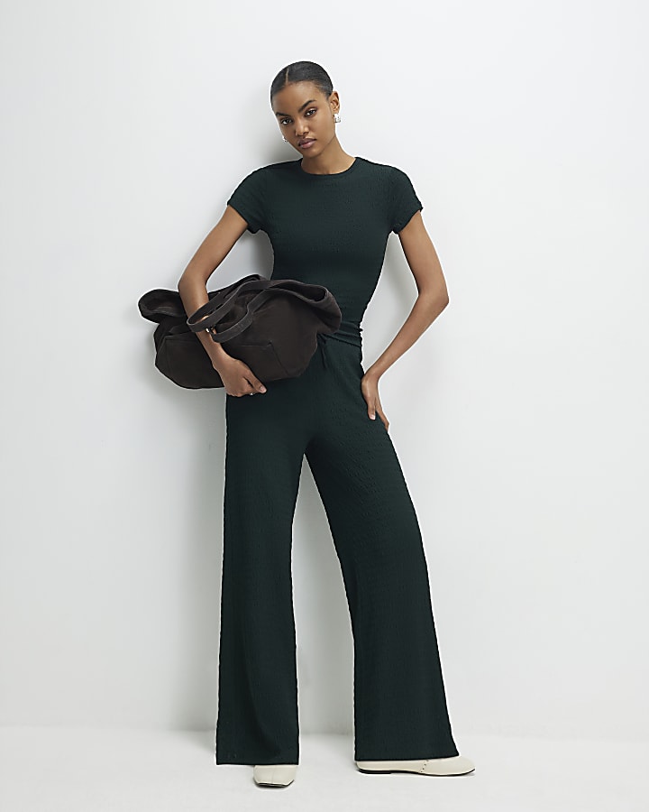 Green Textured Wide Leg Trousers