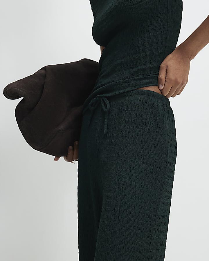 Green Textured Wide Leg Trousers