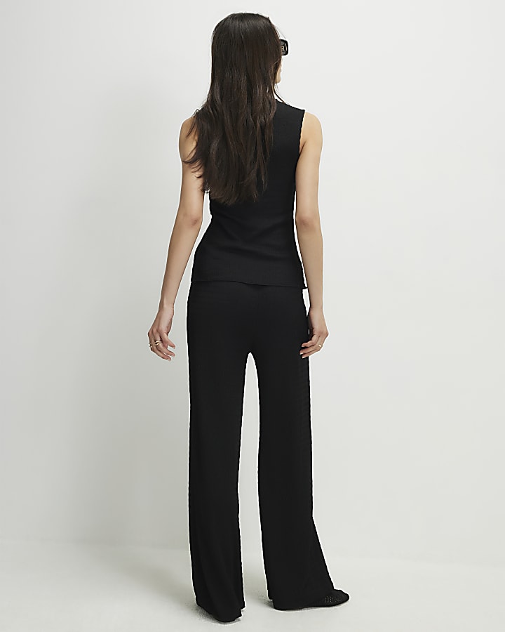 Black Textured Wide Leg Trousers