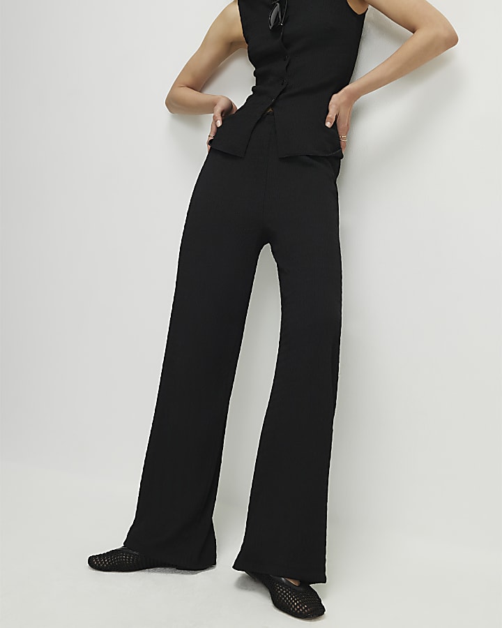 Black Textured Wide Leg Trousers