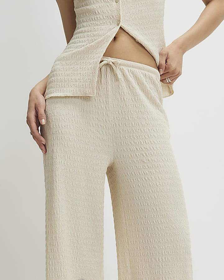 Beige Texture Wide Leg Trouser