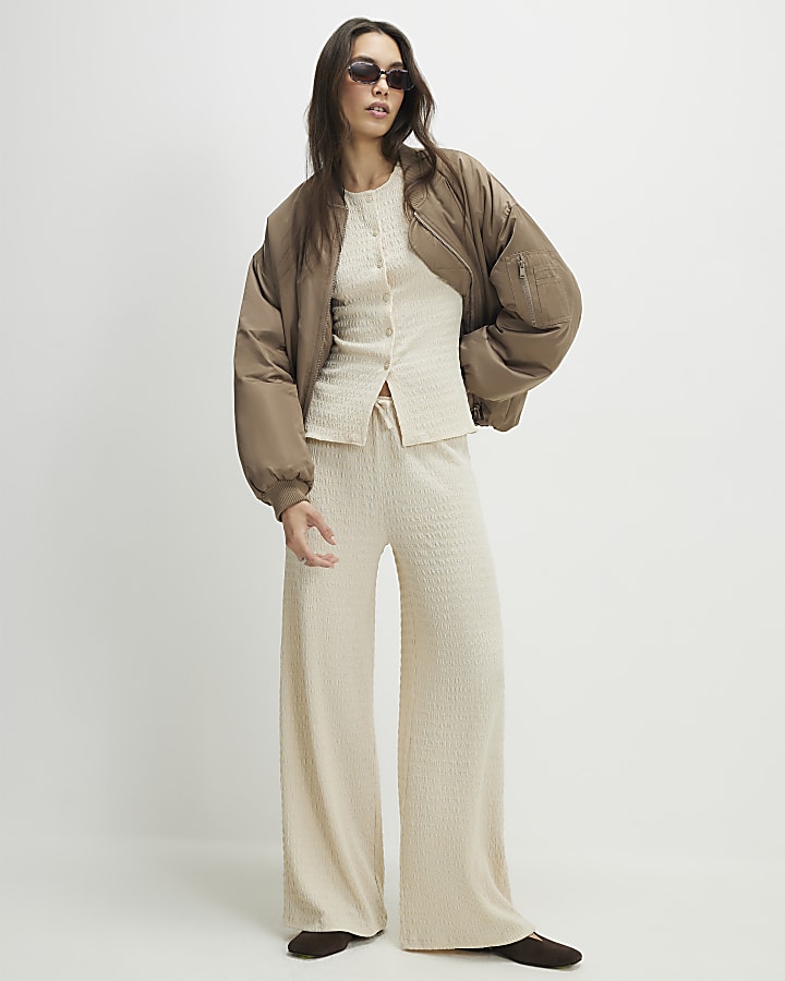 Beige Texture Wide Leg Trouser