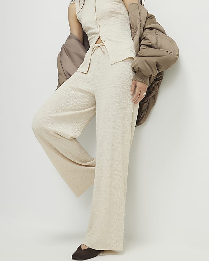 Beige Texture Wide Leg Trouser