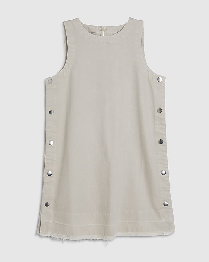Cream Denim Popper Detail Mini Swing Dress