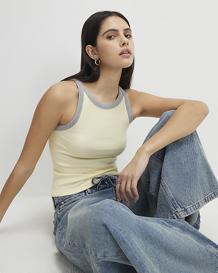 Yellow Sleeveless Ribbed Tipped Tank Top