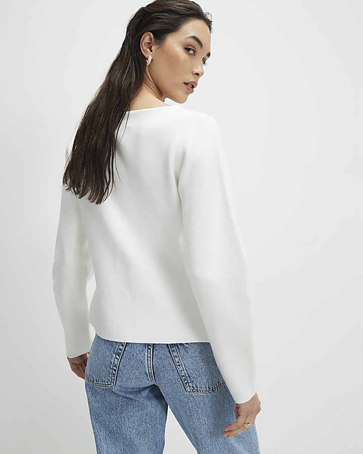 White Knitted Floral Button Cardigan