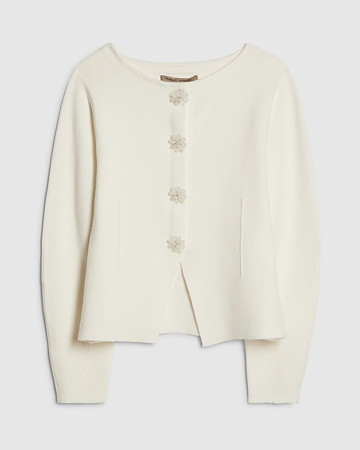 White Knitted Floral Button Cardigan