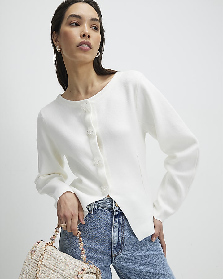 White Knitted Floral Button Cardigan