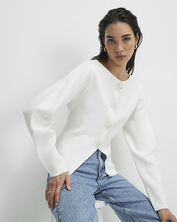 White Knitted Floral Button Cardigan