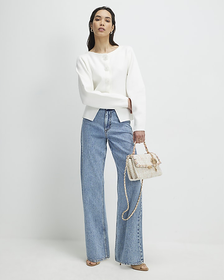 White Knitted Floral Button Cardigan