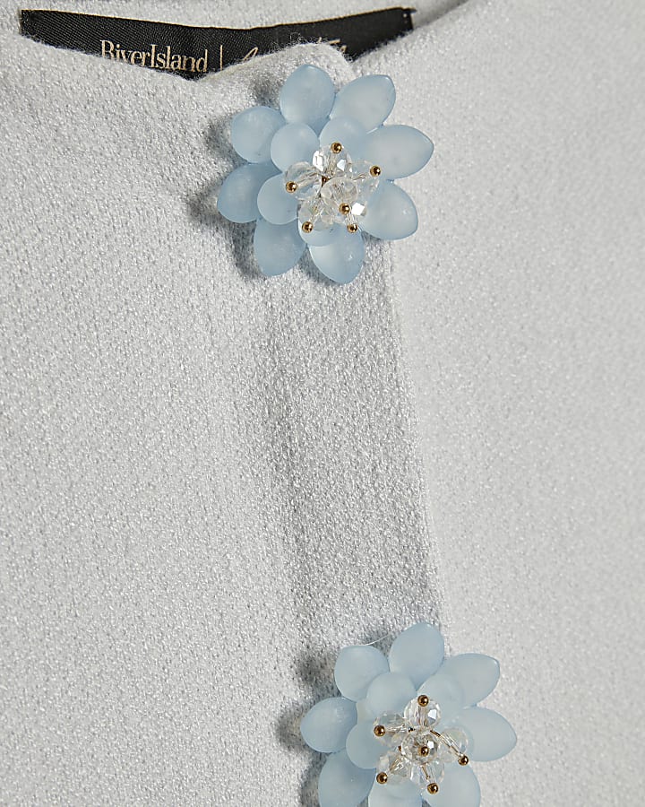 Blue Knitted Floral Button Cardigan