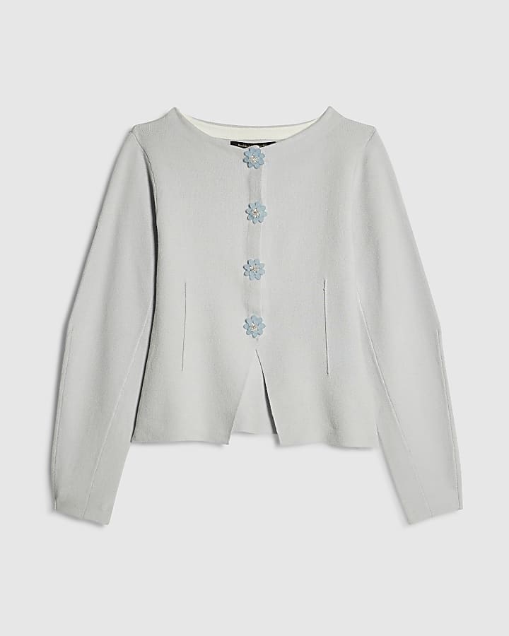 Blue Knitted Floral Button Cardigan