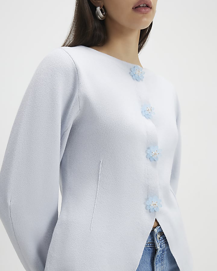 Blue Knitted Floral Button Cardigan