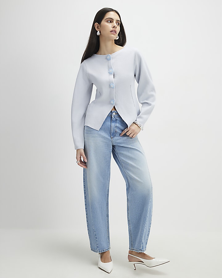 Blue Knitted Floral Button Cardigan