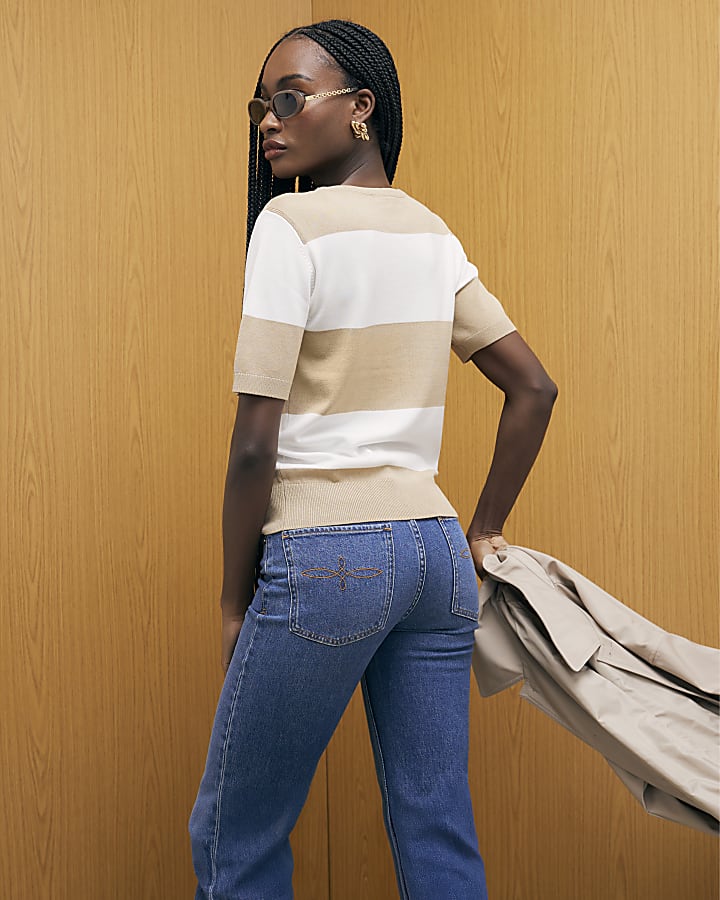 Beige Knitted Striped Short Sleeve Top