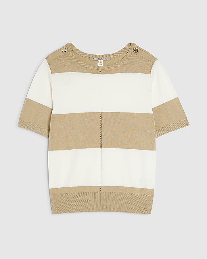 Beige Knitted Striped Short Sleeve Top