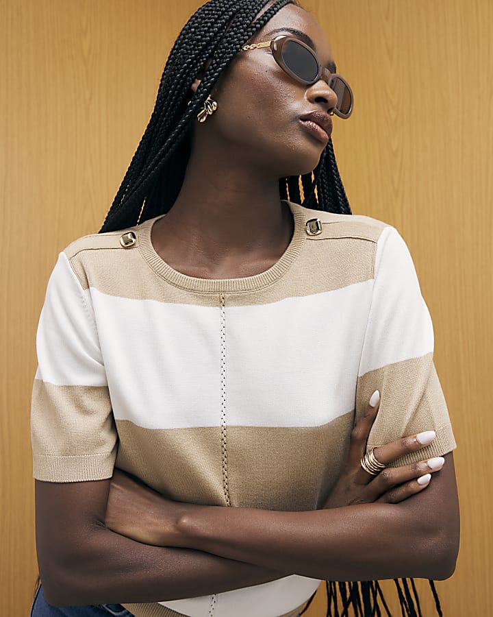 Beige Knitted Striped Short Sleeve Top