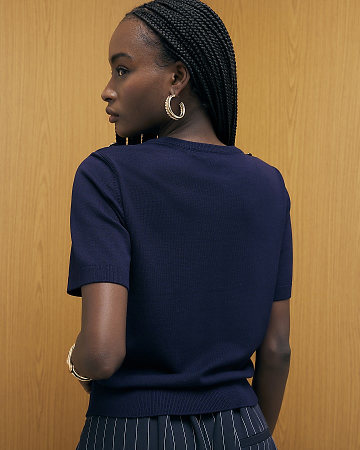 Navy Knitted Short Sleeve Top
