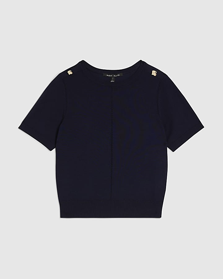 Navy Knitted Short Sleeve Top