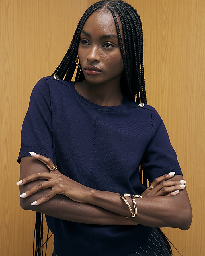 Navy Knitted Short Sleeve Top